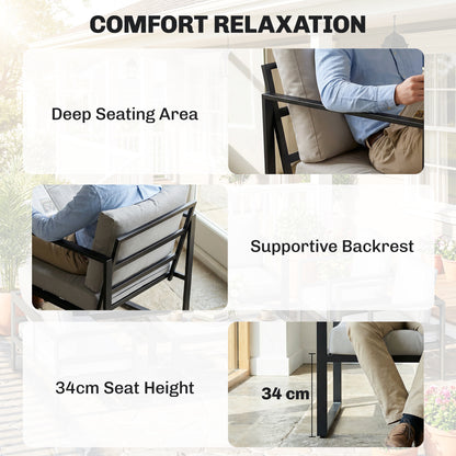 4-Piece Garden Sofa Set | Loveseat | 2 Armchairs | Slatted Plastic-Wood Coffee Table | Powder-Coated Frame | Zip Cushion Covers | Adjustable Foot Pads | 240kg Loveseat Capacity | Grey