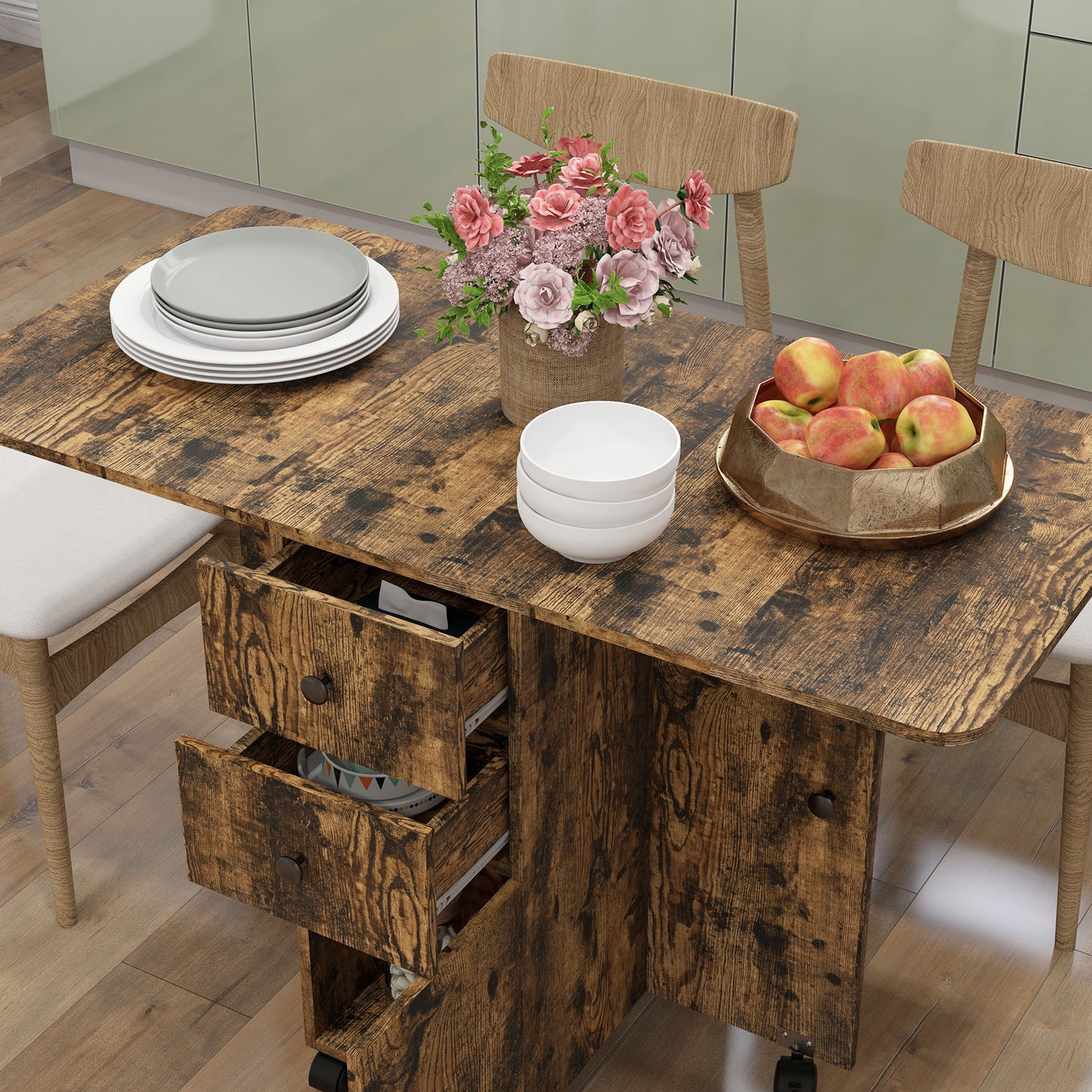Multi-Storage Six-Person Drop Leaf Dining Table -  Rustic Brown