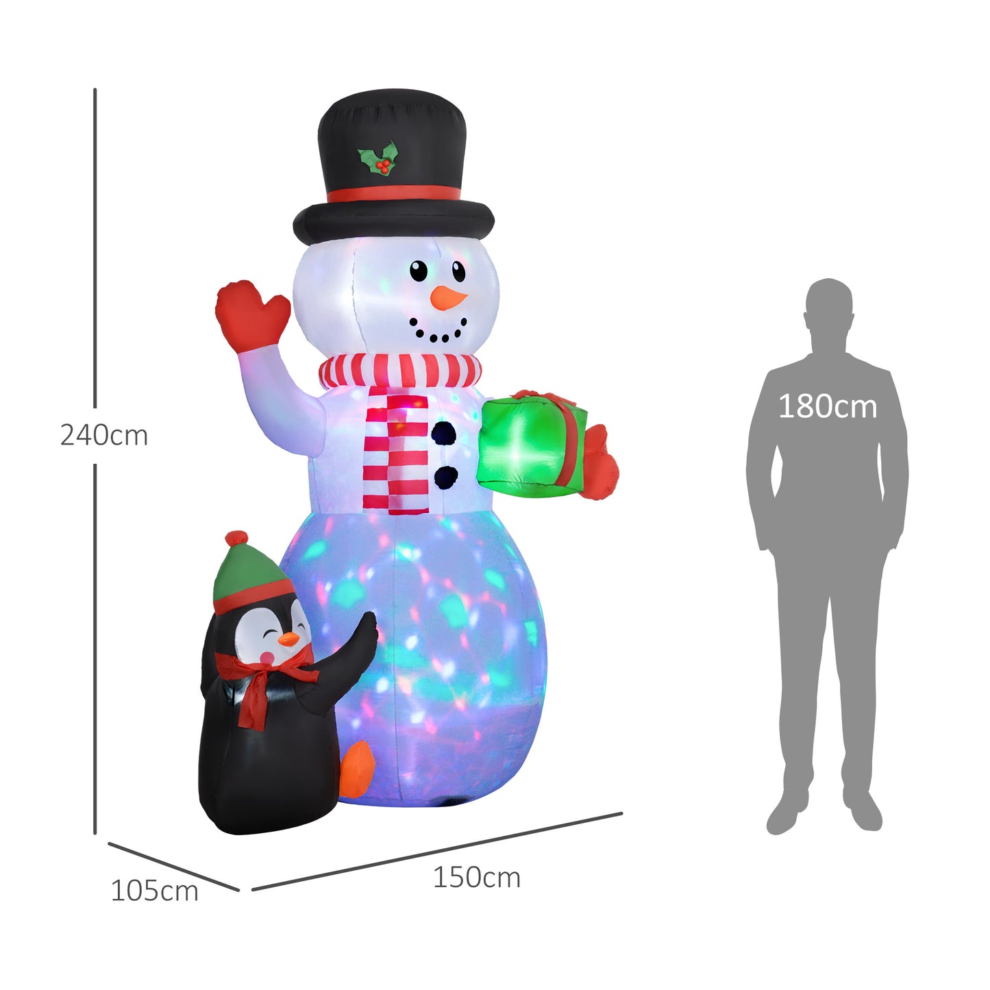 Outsunny 8FT Christmas Inflatable Snowman Holding Gift Box W/ Penguin, Blow Up W/ Rotating Colorful LED Light for Indoor, Outdoor