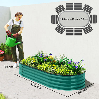 Flexible Galvanised Steel Raised Garden Bed | Safety Rubber Edging | Open Bottom | Configurable Round Oval or Oblong | 180x90x30cm | For Flowers Herbs & Succulents | Light Green