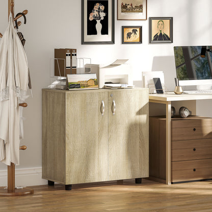 2 Tier Locking Office Storage Cabinet | 80x40x80cm | 2 Hinged Doors | Inner Shelf | 2 Keys | Anti-Slip Feet | Flat Top | 20kg | Oak