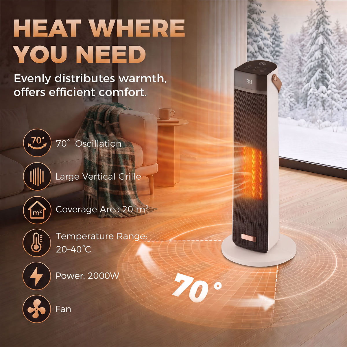 Beige 2000W Ceramic Tower Heater | LED Flame Effect & 70° Oscillation | ECO Mode, 20–40°C Thermostat | 12-Hour Timer & Remote