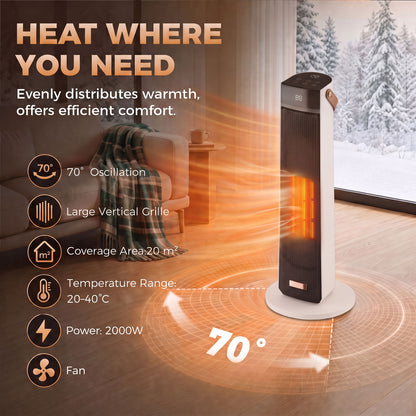 Beige 2000W Ceramic Tower Heater | LED Flame Effect & 70° Oscillation | ECO Mode, 20–40°C Thermostat | 12-Hour Timer & Remote