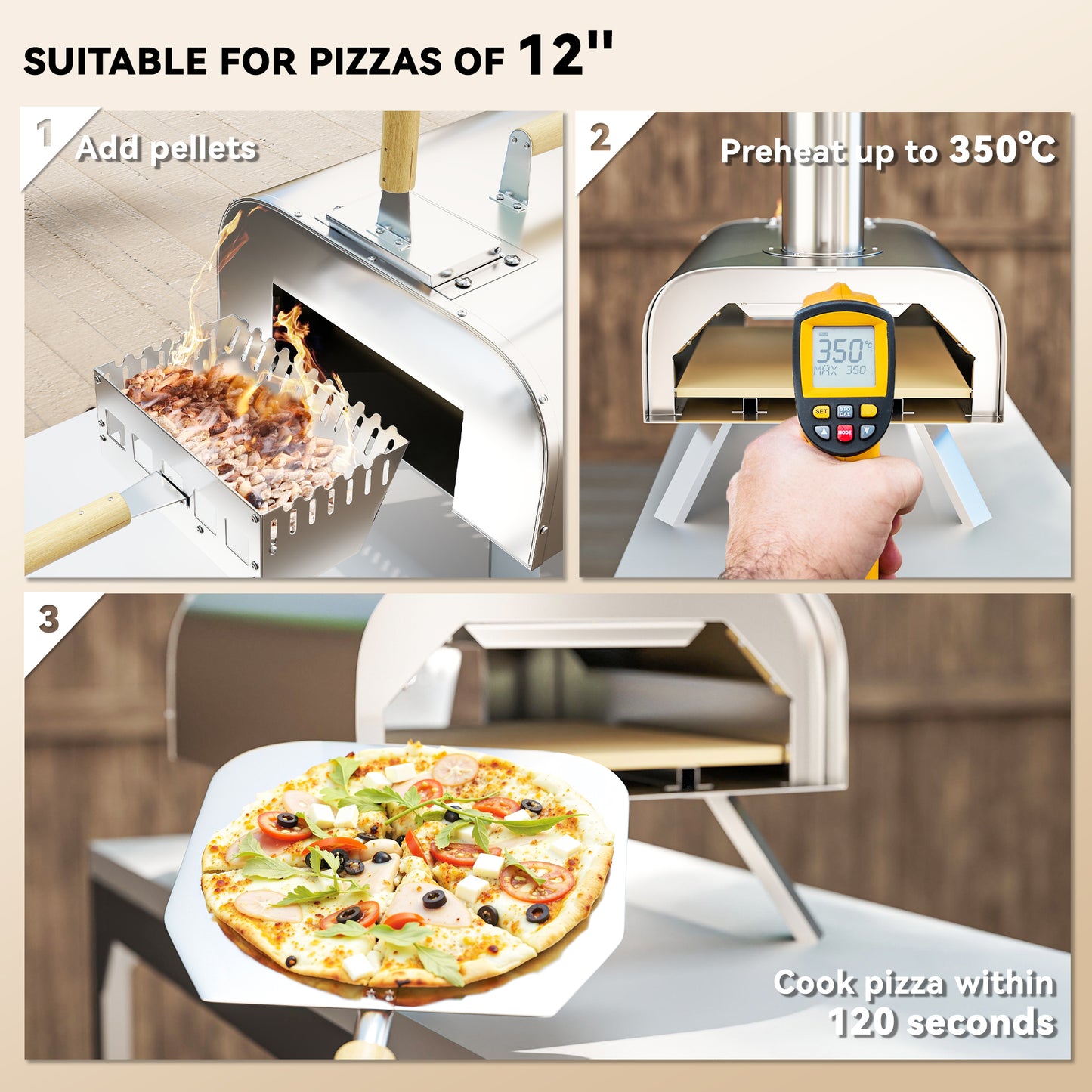Portable Wood Pellet Outdoor Pizza Oven with Stone and Peel, Foldable Legs, Chimney, 12 Inch Wood Fired Pizza Maker for Outdoor Cooking, Stainless Steel