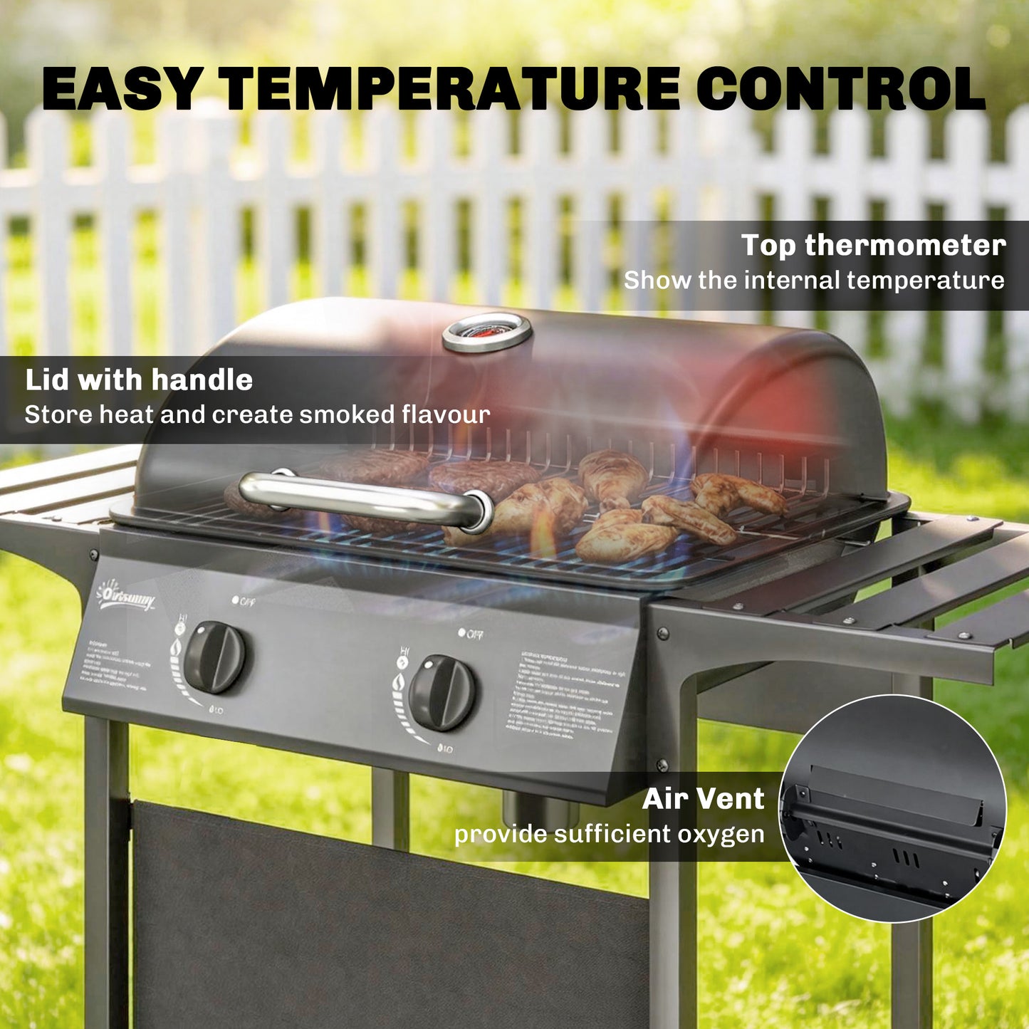 2 Burner Gas BBQ Grill | 1800cm² Enamel Grid | Side Tables | Warming Rack | Lid Thermometer | Grease Tray | UKCA | Black