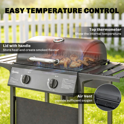 2 Burner Gas BBQ Grill | 1800cm² Enamel Grid | Side Tables | Warming Rack | Lid Thermometer | Grease Tray | UKCA | Black