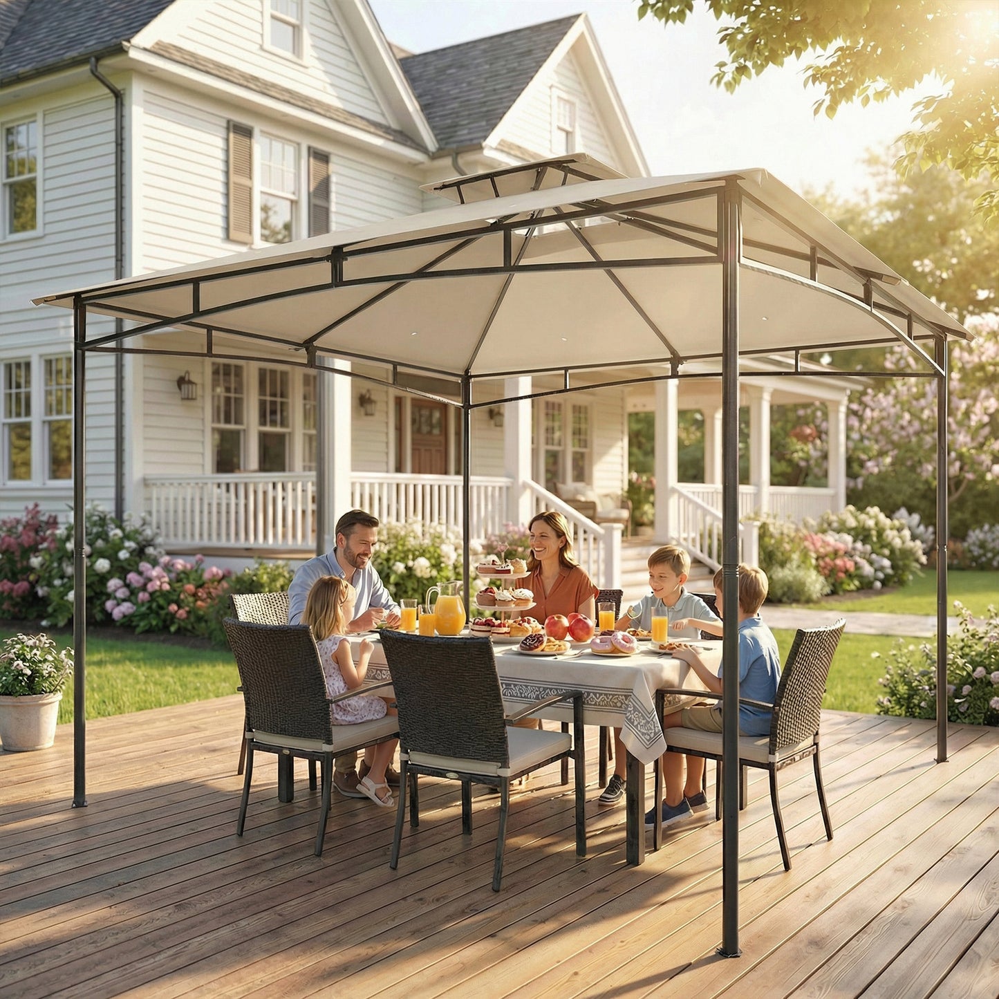 3x3m Garden Gazebo | 2-Tier Roof | UPF50+ | 180g/m² PA Polyester | Fits 6-8 | Khaki