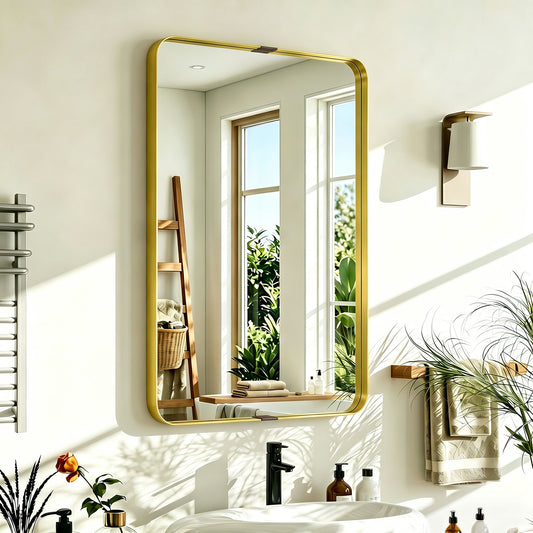 Rectangular Wall Mirror | Shatterproof Tempered Glass | Anodised Aluminium Alloy Frame | 4cm Deep 3D Effect | Soft Rounded Corners | No Assembly | 60x4x90cm | Gold Tone