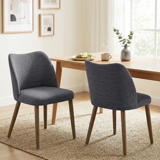 Chairs Set of 2, Linen Upholstered Kitchen Chairs with Padded Seat, Curved Backrest, Rubberwood Legs, Dark Grey