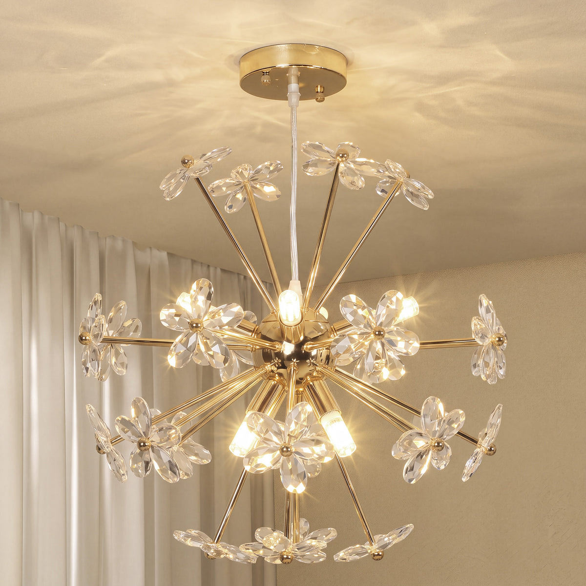 Crystal Flower Chandelier | Gold Tone Ceiling Light with 8 G9 Bulb Holders & Adjustable Suspension | Clear
