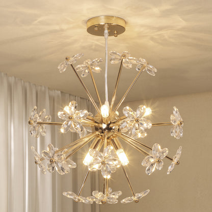 Crystal Flower Chandelier | Gold Tone Ceiling Light with 8 G9 Bulb Holders & Adjustable Suspension | Clear