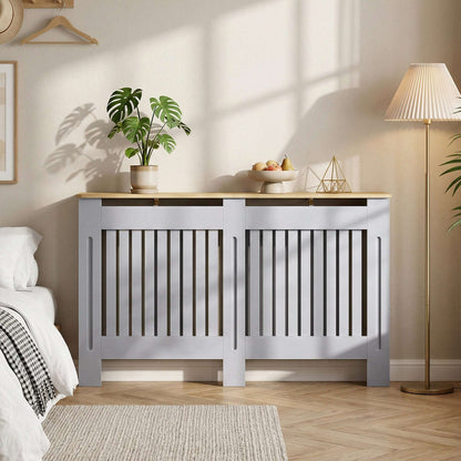 MDF Radiator Cover | Slatted Line Grill Design | Display Top | Wall Mountable | Fittings Included | 10kg | 152x19x81cm | Grey