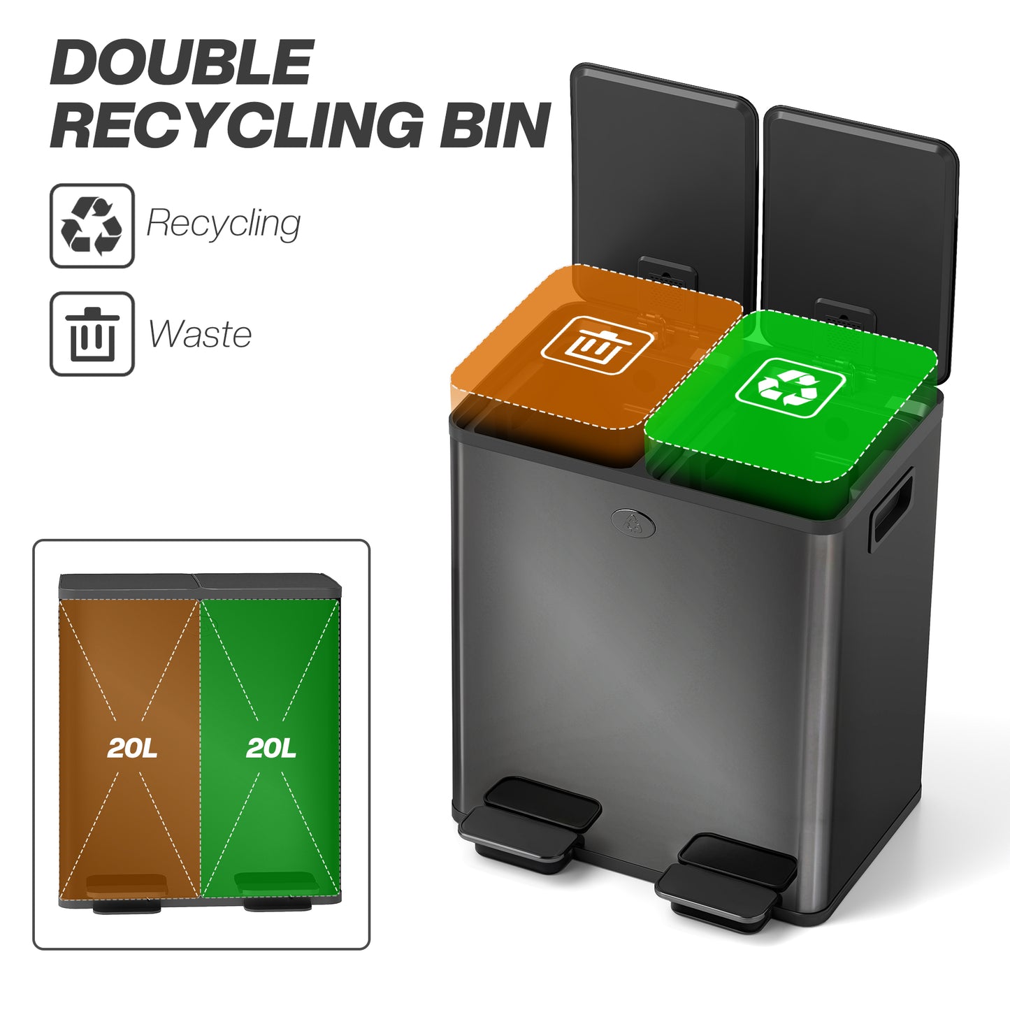 40L 2 x 20 Litre Dual Compartment Stainless Steel Bin, with Deodoriser Holders - Glossy Black