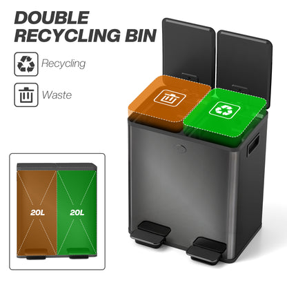 40L 2 x 20 Litre Dual Compartment Stainless Steel Bin, with Deodoriser Holders - Glossy Black