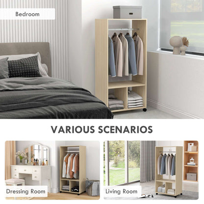 Open Wardrobe on Wheels | Clothes Hanging Rail | 2 Open Shelves | 4 Wheels 2 Lockable | 128x60x40cm | 25kg | Natural Wood Effect