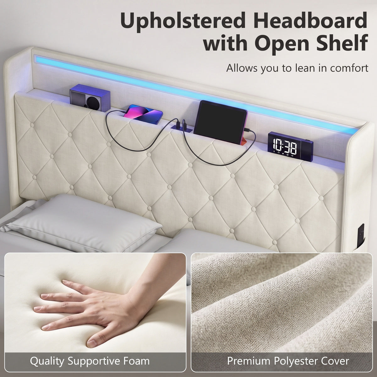 4ft6 Double Ottoman Bed Frame | Hydraulic Storage, RGB LED Headboard Lights & USB Charging | Cream White or Black