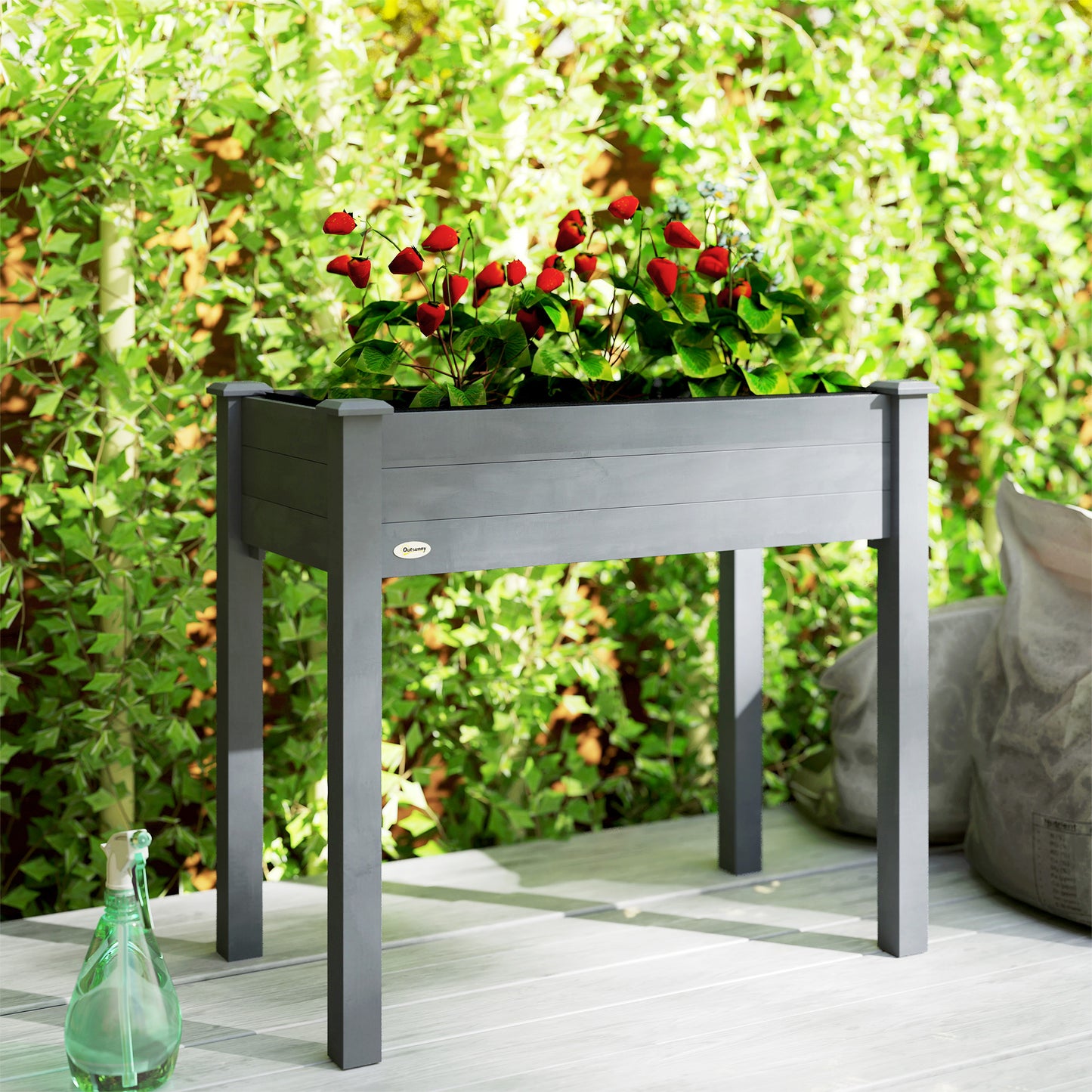 Elevated Fir Wood Raised Garden Bed | Non-Woven Liner | 4 Drainage Holes | 52cm Legs | Water-Resistant Paint | 80kg | 86x46x76cm | Flowers Veg & Herbs | Dark Grey