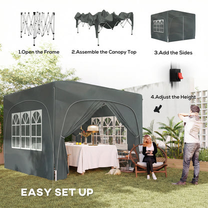 3x3m Pop Up Gazebo Shelter | UPF50+ Oxford Fabric Canopy | Dual Doors & 2 Windows | 8 Drain Holes | 3 Height Settings | Windproof Level 4-5 | Snow Rated | Guy Ropes & Ground Stakes | Carry Bag | Dark Grey