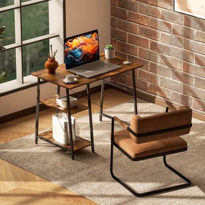 100cm Computer Desk with Storage, Industrial Home Office Desk with 2 Tier Shelves and Steel Frame, Computer Table for Study Room, Rustic Brown