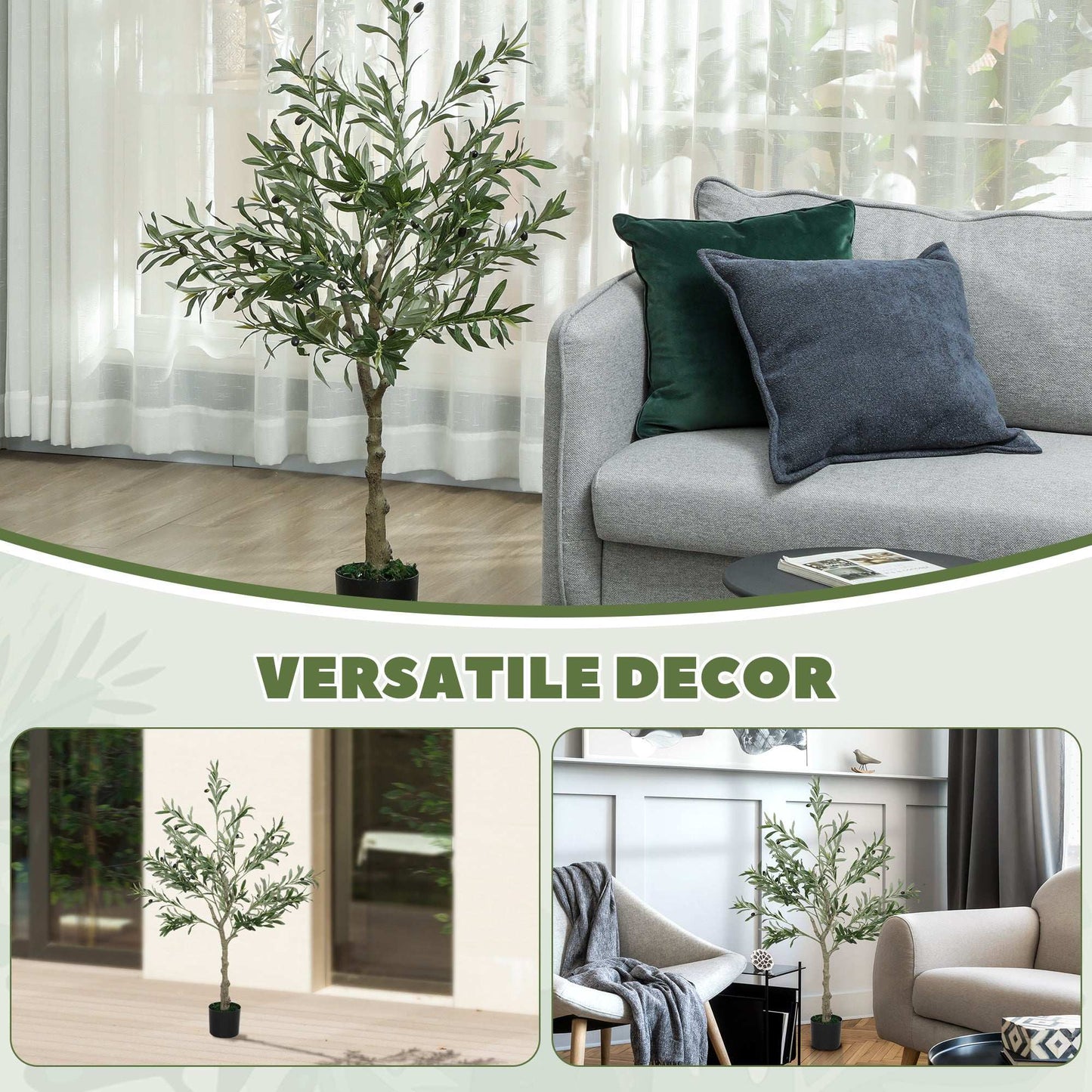 4ft/ 120cm Decorative Artificial Plant, Silk Olive Tree with 450 Leaves and 20 Olive Fruits in Pot, Fake Plant for Home, Office, Living Room, Indoor Decor