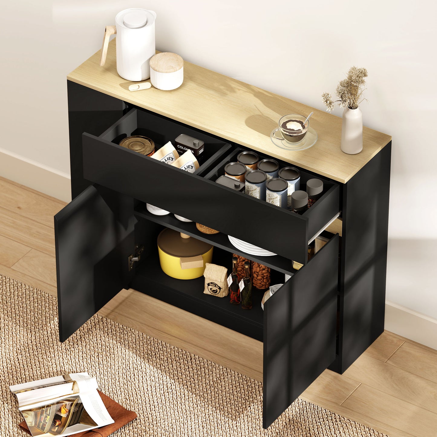Sideboard & Storage Cabinet | Divided Drawer | 3 Open Shelves | Adjustable Cabinet Shelf | Anti-Tip | 60kg | Black