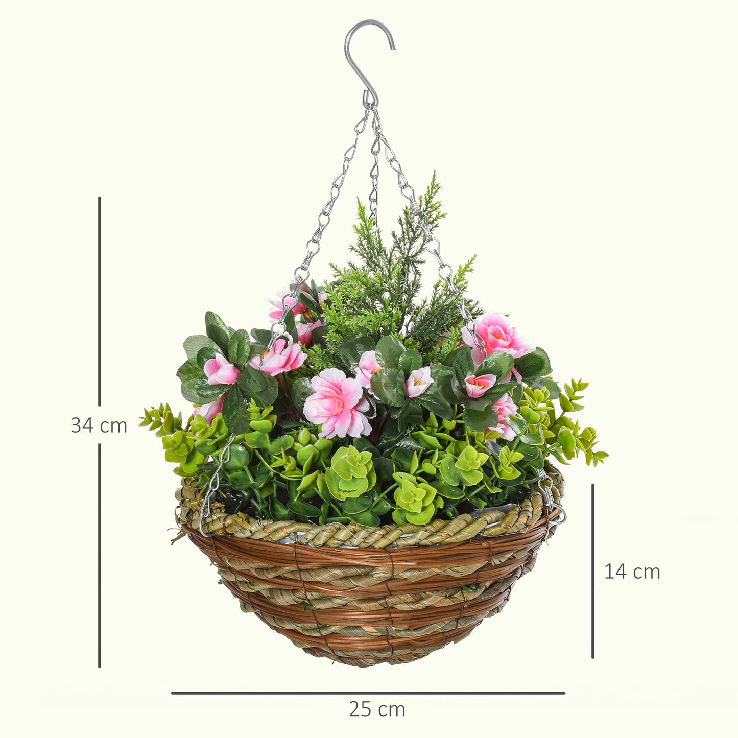 Set of 4 Artificial Hanging Lisianthus Flower Baskets | 18 Faux Flowers & 72 Leaves Per Pot | Wicker Basket | 30cm Metal Chain & Hook | Indoor & Outdoor | Ø25 x 34cm | Pink & Green