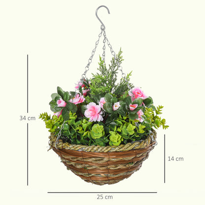 Set of 4 Artificial Hanging Lisianthus Flower Baskets | 18 Faux Flowers & 72 Leaves Per Pot | Wicker Basket | 30cm Metal Chain & Hook | Indoor & Outdoor | Ø25 x 34cm | Pink & Green