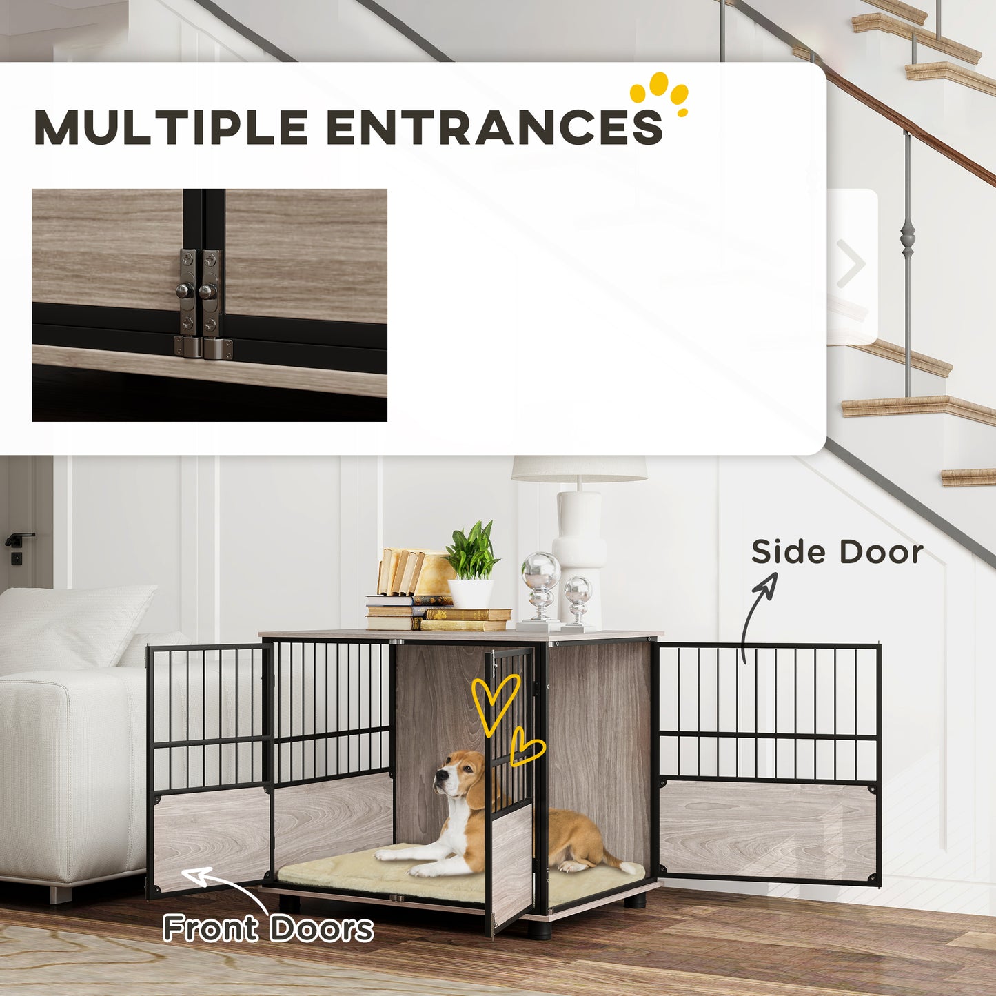 Dog Crate Furniture Side Table | 3 Doors | Washable Cushion | Steel Bar Ventilation | Dogs up to 20kg | 80 x 60 x 68cm | Walnut & Black