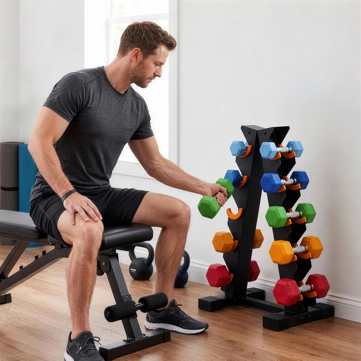 SPORTNOW 5-Tier Dumbbell Rack | A-Frame Stand for 5 Pairs | 90kg Total Capacity, Protective Cradles & PP Feet | Black & Orange