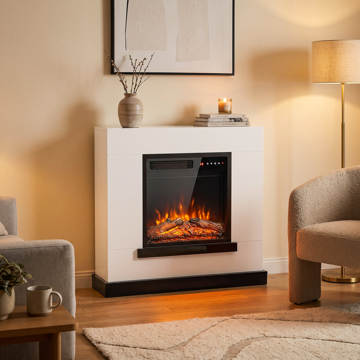 80cm Freestanding Electric Fireplace Suite | 900/1800W, Log Effect, 5 Brightness & Speed Settings | Remote, 8-Hour Timer & White Surround