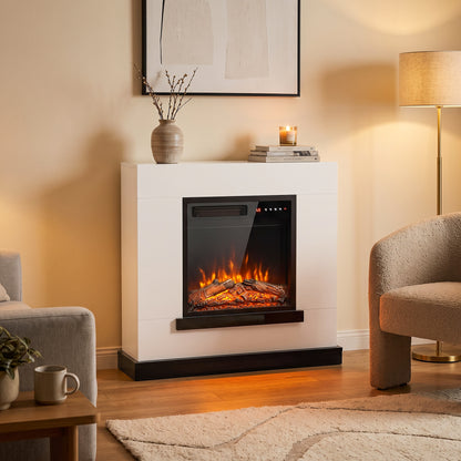 80cm Freestanding Electric Fireplace Suite | 900/1800W, Log Effect, 5 Brightness & Speed Settings | Remote, 8-Hour Timer & White Surround