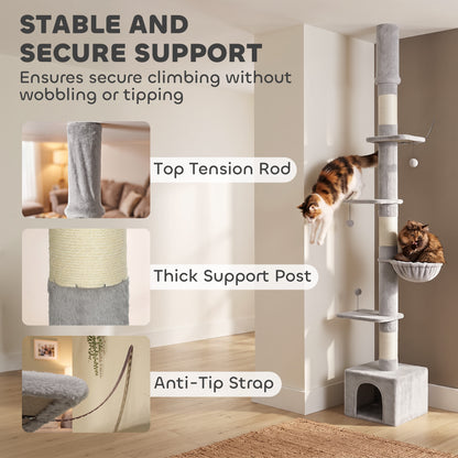 Light Grey Floor-to-Ceiling Cat Tree | Adjustable 230-250 cm Cat Tower with 6 Levels, Scratching Posts, Hammock, Condo & Toy Balls | Up to 5 kg