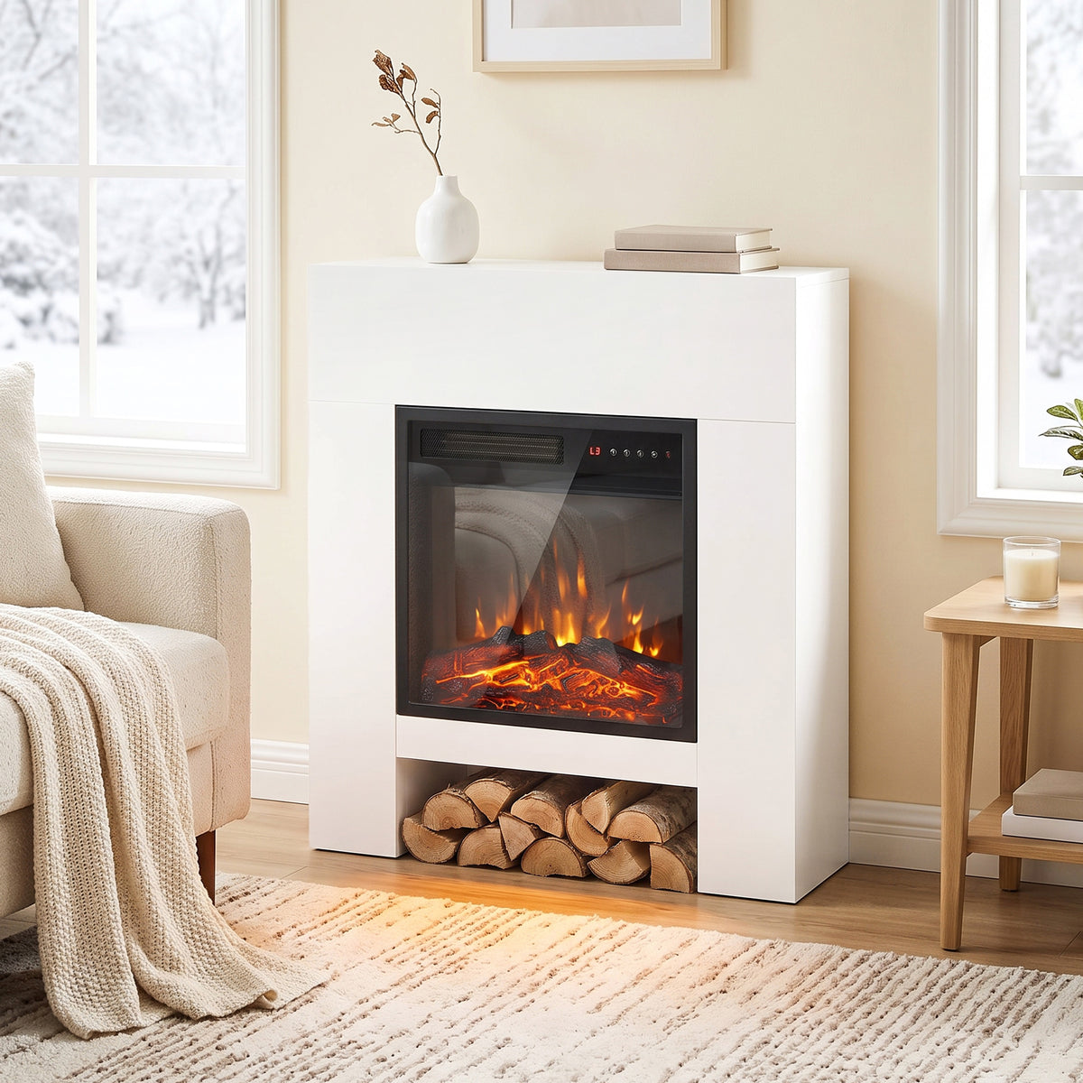 White Electric Fireplace Suite | 75cm Freestanding Mantel & Lower Storage | 900/1800W, Adjustable Log Flame Effect, 8-Hour Timer & Remote