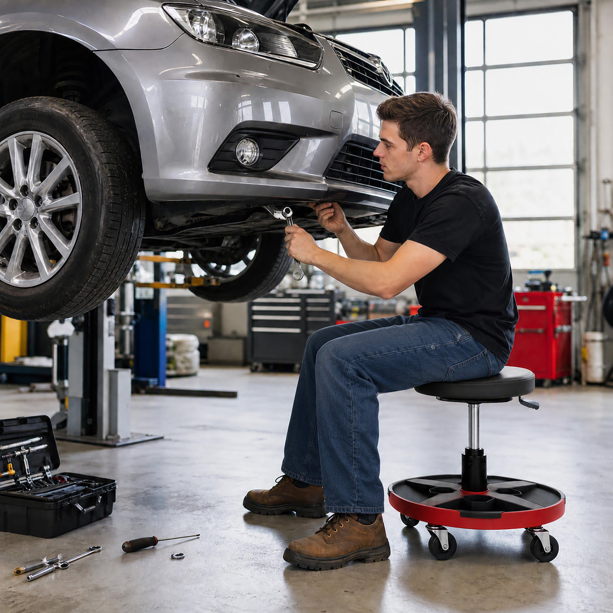 Black Rolling Mechanic Stool | 40-52 cm Adjustable Workshop Seat with 360° Swivel, Tool Tray, Bottle Holders & 135 kg Capacity