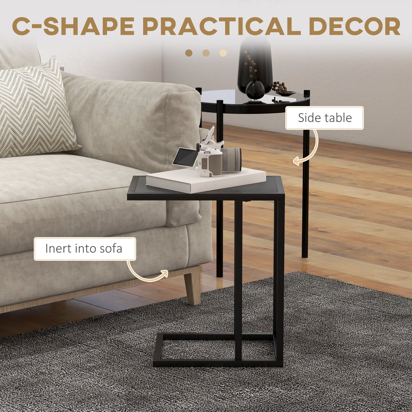 C Shape Bedside Table With Metal Frame Wood-Effect Top Sofa Narrow Snack End Table for Living Room, Black