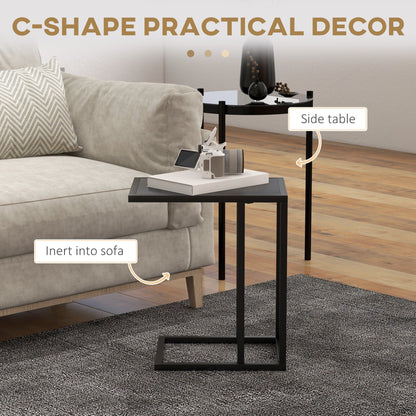 C Shape Bedside Table With Metal Frame Wood-Effect Top Sofa Narrow Snack End Table for Living Room, Black