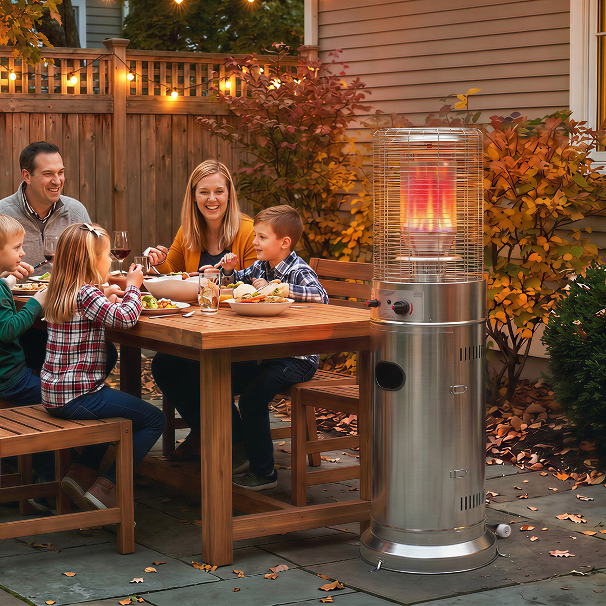 Outsunny Gas Patio Heater | Silver Stainless Steel | 13kW Stepless | 30m² Coverage | Pulse Ignition | Tip-Over Protection | Propane | Metal Mesh Guard | Tank Cabinet | 52x46x136cm