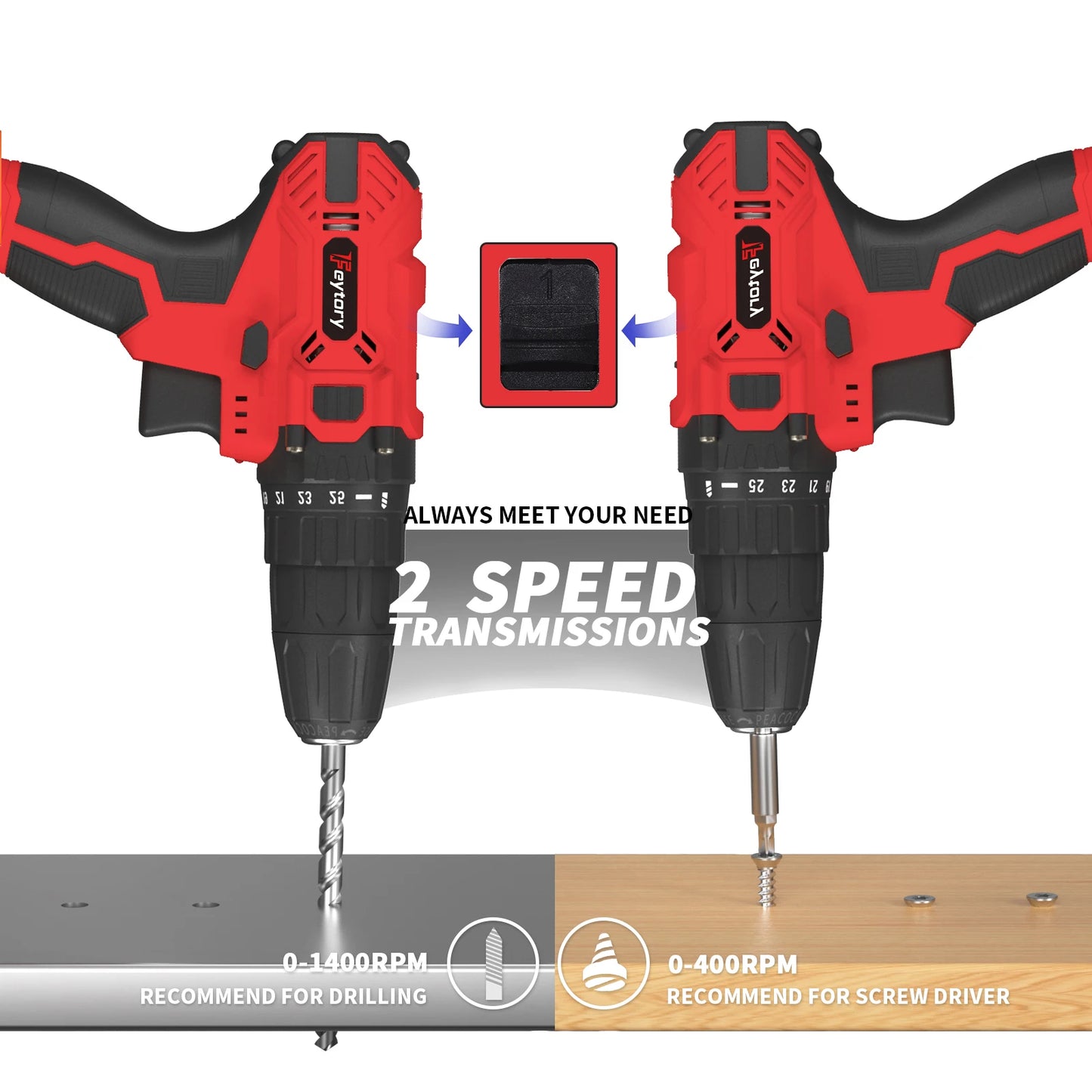 Feytory 21V Cordless Electric Power Drill Combi Driver With 1500mAh Battery 25+1 Torque 45Nm Screwdriver Kit