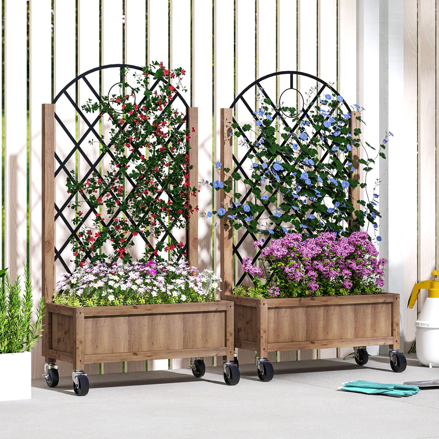 Raised Garden Bed W/ Metal Trellis, Pack of 2 Wooden Elevated Planter & Wheels and Drainage Holes for Climbing Plants, Fruits, Vegetables, Flowers