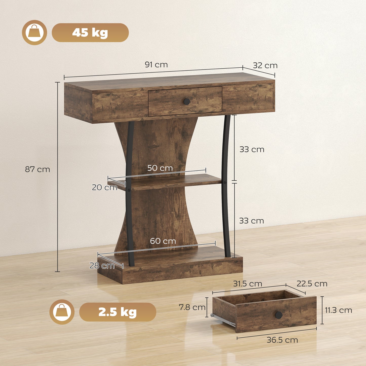 Industrial Console Table & Hallway Table | Drawer | 2 Open Shelves | Anti-Tip | 91x32x87cm | 45kg | Rustic Brown
