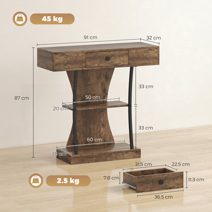 Industrial Console Table & Hallway Table | Drawer | 2 Open Shelves | Anti-Tip | 91x32x87cm | 45kg | Rustic Brown
