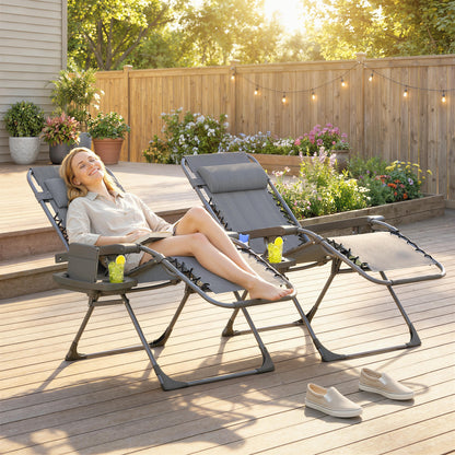 Set of 2 Zero Gravity Folding Sun Loungers | Reclining | Headrest & Tray | Dark Grey