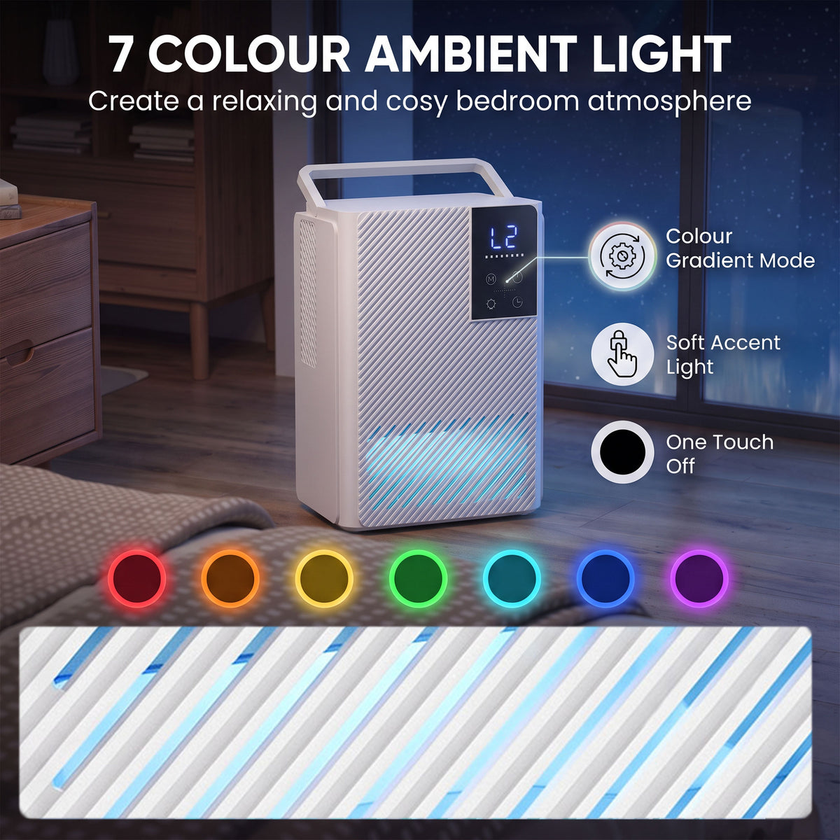 400ml/Day Small Dehumidifier | 2L Tank (120hrs) | 7-Colour RGB Mood Light | 43dB Sleep Mode | 2–24H Timer | LED Touch Panel | Auto Shut-Off & Defrost | 15m² | ABS | 20x14.2x28.6cm | White