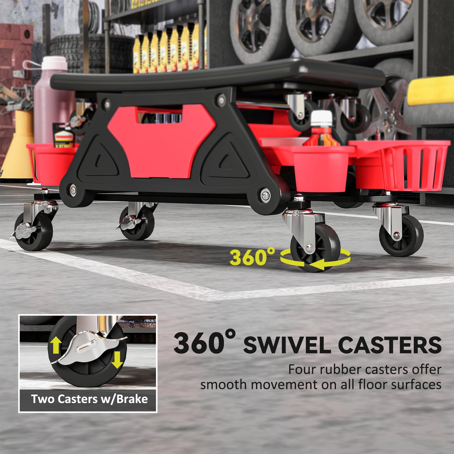 Rolling Mechanic Stool, 135kg Capacity Workshop Stool with 360° Swivel Wheels, Roller Creeper Seat with Slide Out Tool Trays, Drawer, Bottle Holders for Garage, Shop, Auto Repair