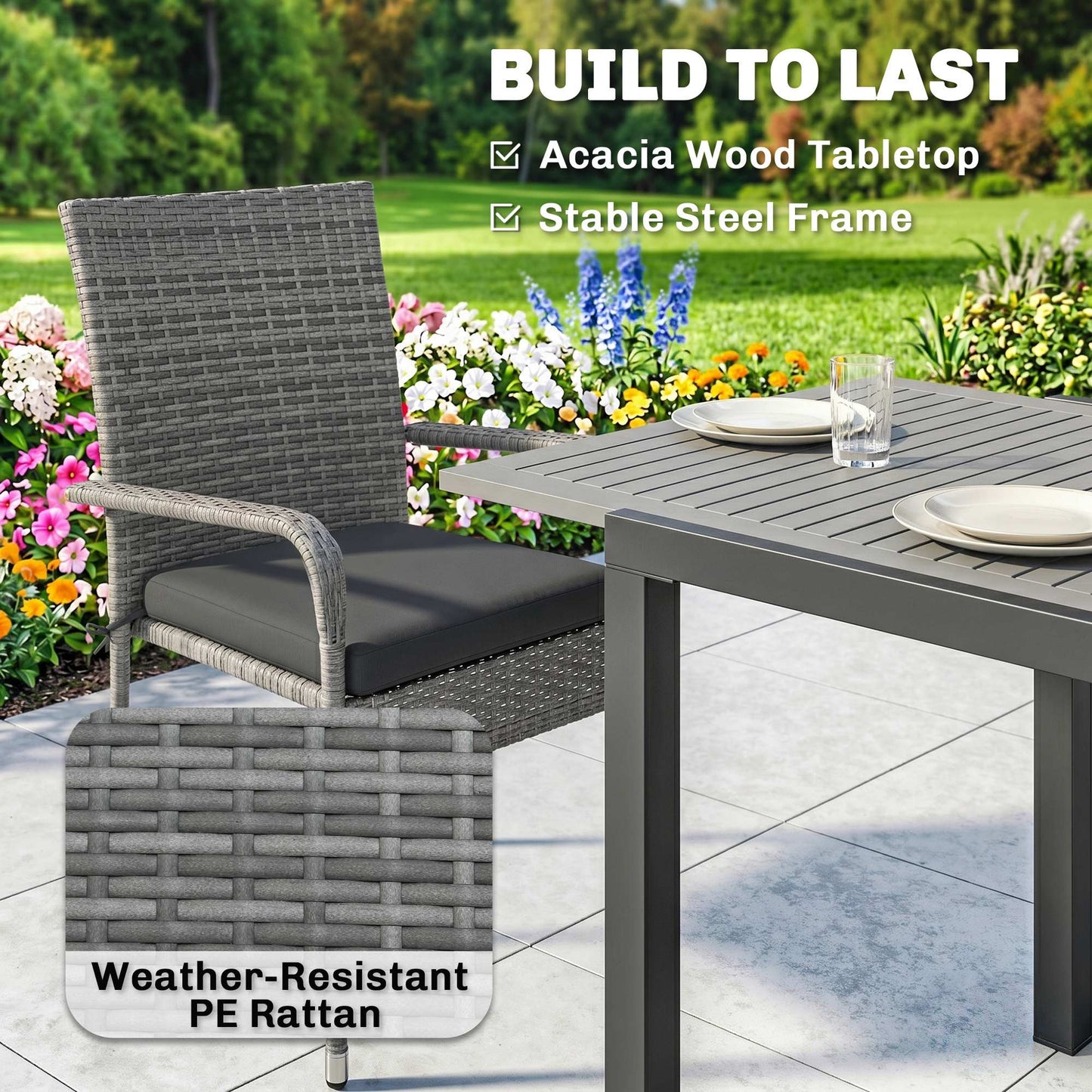 7-Piece Rattan Garden Furniture Set | 6 Seater | Extendable Acacia Wood Table 100-150cm | 6 Stackable High-Back Armchairs | Washable Cushion Covers | PE Rattan & Steel Frame | Light Grey