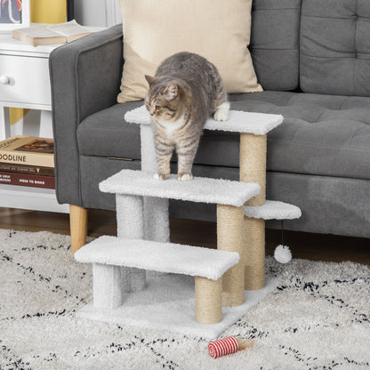 PawHut Pet Stair with 3-step Climb Ladder, Scratching Posts, Platforms, Toy Ball, for Indoor Cats Kittens, White