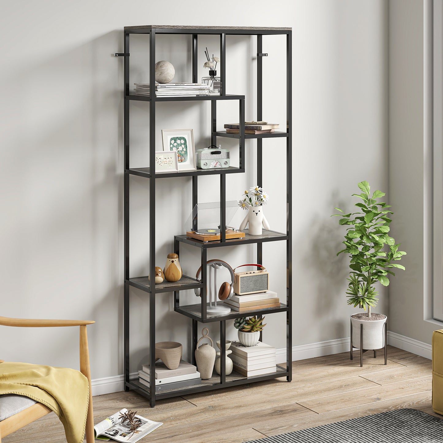 Seven-Tier Geometric Bookcase - Grey/Black