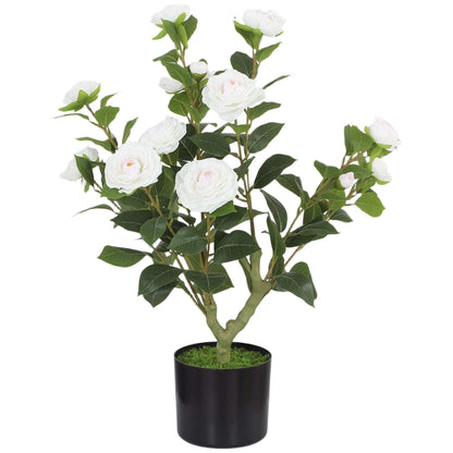Artificial Camellia Flower Plant | 65cm | 116 PEVA Leaves | Silk Blossoms | Shapeable | Moss Effect Cement Pot | No Maintenance | White