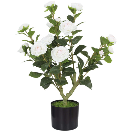 Artificial Camellia Flower Plant | 65cm | 116 PEVA Leaves | Silk Blossoms | Shapeable | Moss Effect Cement Pot | No Maintenance | White