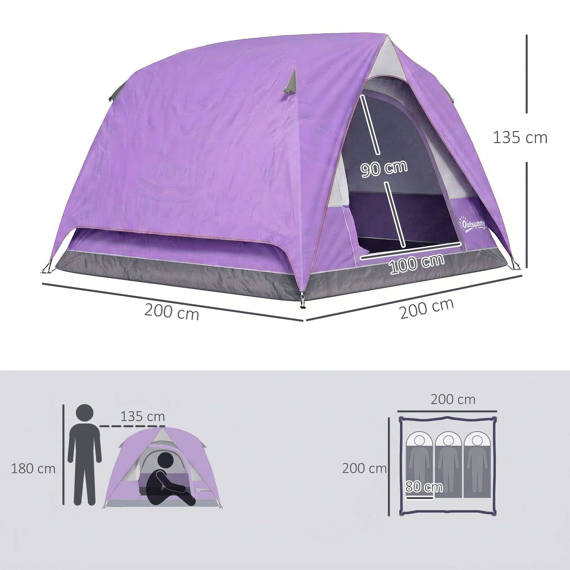 3-4 Person Dome Camping Tent | Sewn-In PE Groundsheet | 3000mm Waterproof | 3-Sided Mesh Windows | Ceiling Hook | Windproof Level 6 | Carrying Bag | 2x2x1.35m | Purple & Grey